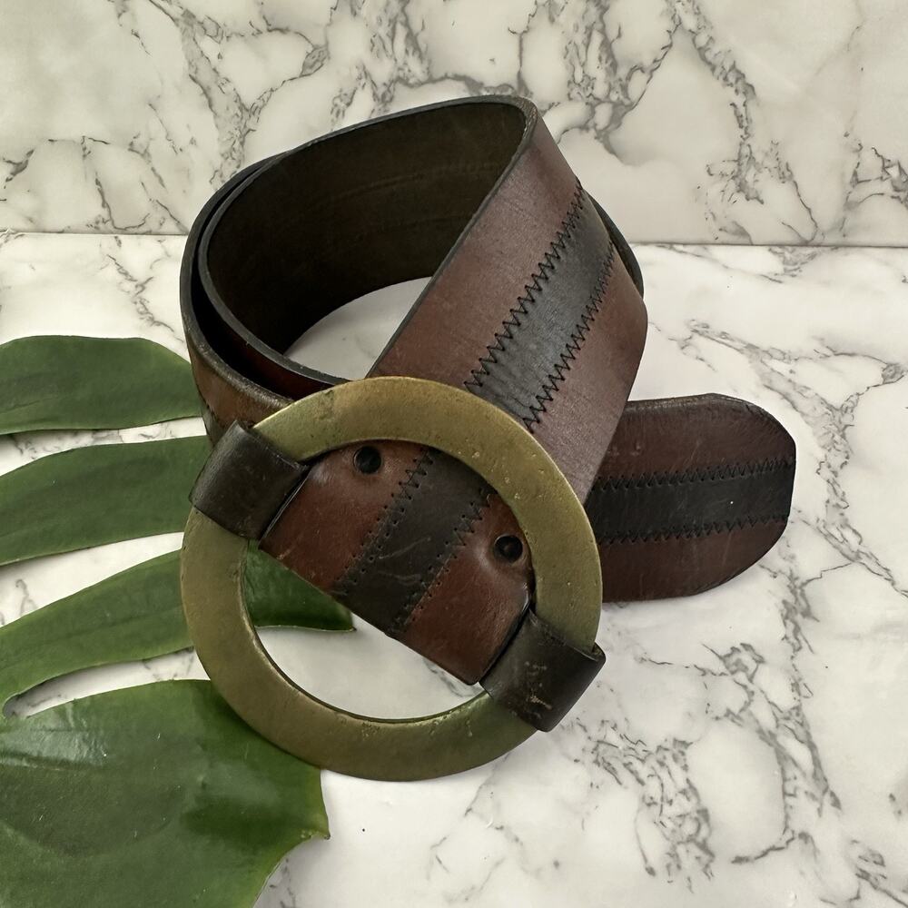 Vintage Wide Oil Tanned Leather Belt Mens Size 38 Brown Round Brass Buckle Chunk